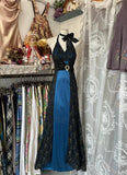 Elegant Blue Satin Black Lace Appliques V-Neck Backless A-Line Party Dress Vintage Formal Evening Gowns HZ1108