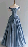 Vintage Blue Palace Style Satin A-Line Long Prom Dresses Formal Off-the-shoulder Evening Gowns HZ1108