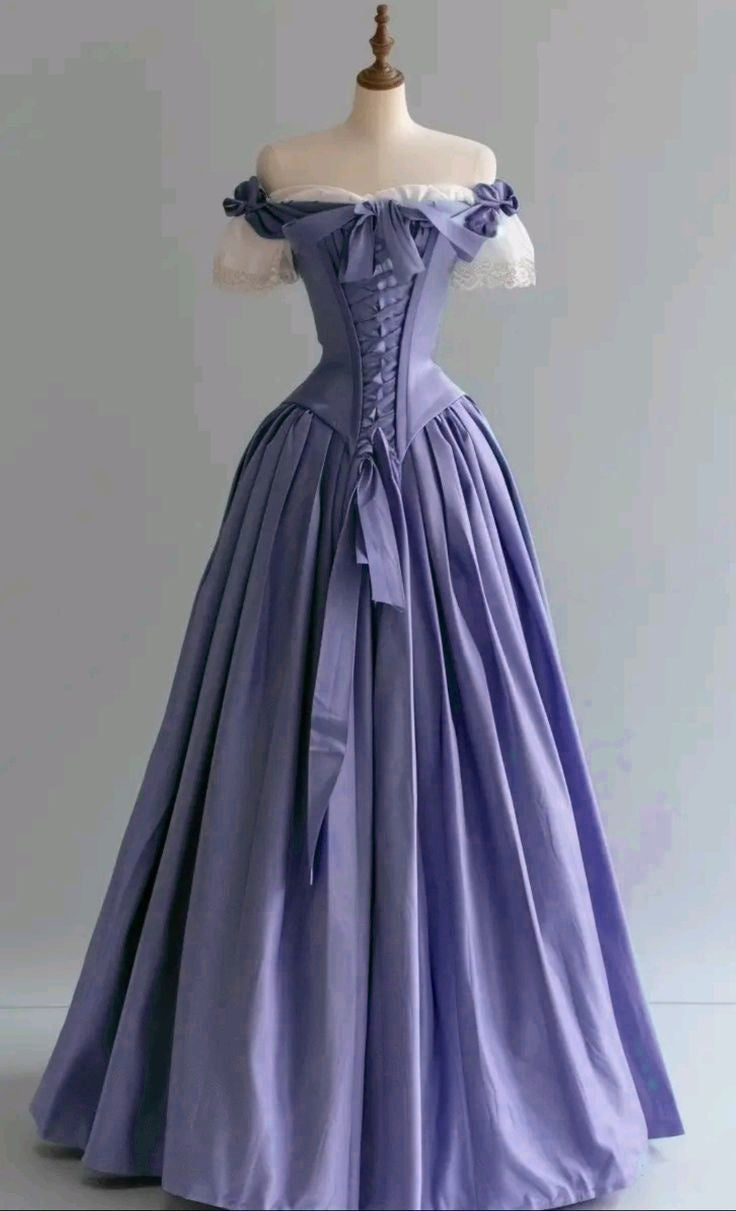 Vintage Blue Palace Style Satin A-Line Long Prom Dresses Formal Off-the-shoulder Evening Gowns HZ1108