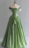 Vintage Blue Palace Style Satin A-Line Long Prom Dresses Formal Off-the-shoulder Evening Gowns HZ1108