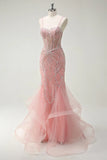 Fairytale Peach Spaghetti Straps Mermaid Beaded Tulle Long Prom Dresses Formal Evening Gowns HZ1108