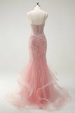 Fairytale Peach Spaghetti Straps Mermaid Beaded Tulle Long Prom Dresses Formal Evening Gowns HZ1108