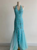 Vintage Mermaid Blue Tulle Prom Dresses Halter Gorgeous Beaded Backless Evening Gowns HZ1108