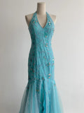 Vintage Mermaid Blue Tulle Prom Dresses Halter Gorgeous Beaded Backless Evening Gowns HZ1108