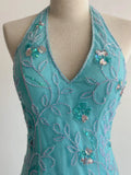 Vintage Mermaid Blue Tulle Prom Dresses Halter Gorgeous Beaded Backless Evening Gowns HZ1108