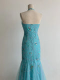 Vintage Mermaid Blue Tulle Prom Dresses Halter Gorgeous Beaded Backless Evening Gowns HZ1108