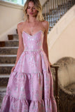 Fashion Pink Strapless A-Line Jacquard Satin Prom Dresses Formal Evening Gowns HZ1108