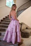 Fashion Pink Strapless A-Line Jacquard Satin Prom Dresses Formal Evening Gowns HZ1108