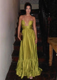 Sexy Chartreuse Party Dress with Spaghetti Straps A-Line Satin Formal Evening Gowns HZ1108