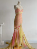 Gorgeous Pink Yellow Tulle Mermaid Spaghetti Straps Beaded Long Prom Dresses Vintage Formal Evening Gowns HZ1108