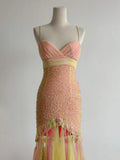 Gorgeous Pink Yellow Tulle Mermaid Spaghetti Straps Beaded Long Prom Dresses Vintage Formal Evening Gowns HZ1108