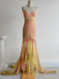 Gorgeous Pink Yellow Tulle Mermaid Spaghetti Straps Beaded Long Prom Dresses Vintage Formal Evening Gowns HZ1108