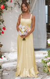 Elegant Butter Yellow A-Line Long Prom Dresses Straps Satin Bridesmaid Dresses HZ1108
