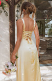 Elegant Butter Yellow A-Line Long Prom Dresses Straps Satin Bridesmaid Dresses HZ1108