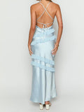 Stunning Sky Blue Sheath Spaghetti Straps Satin Ruffles Long Prom Dresses Backless Party Dress HZ1108