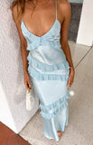 Stunning Sky Blue Sheath Spaghetti Straps Satin Ruffles Long Prom Dresses Backless Party Dress HZ1108