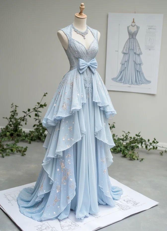 Beautiful Light Blue V-Neck Chiffon A-Line Sequins Long Prom Dresses Formal Evening Gowns HZ1108