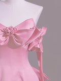 Beautiful Pink A-Line Off Shoulder Satin Train Wedding Dress Formal Evening Gowns HZ1108