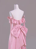 Beautiful Pink A-Line Off Shoulder Satin Train Wedding Dress Formal Evening Gowns HZ1108