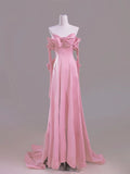 Beautiful Pink A-Line Off Shoulder Satin Train Wedding Dress Formal Evening Gowns HZ1108