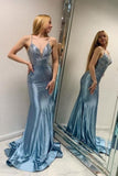 Fashion Grey Blue V Neck Mermaid Glitter Backless Satin Long Prom Dresses Formal Evening Gowns HZ1108