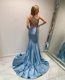 Fashion Grey Blue V Neck Mermaid Glitter Backless Satin Long Prom Dresses Formal Evening Gowns HZ1108