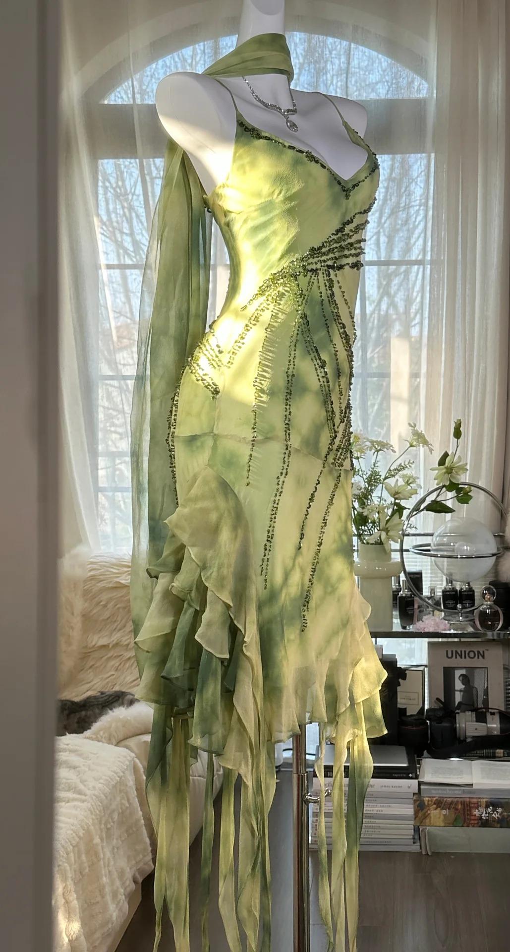 Gorgeous Green Spaghetti Straps Sheath Party Dresses Chiffon Beaded Short Y2K Prom Dresses HZ1108