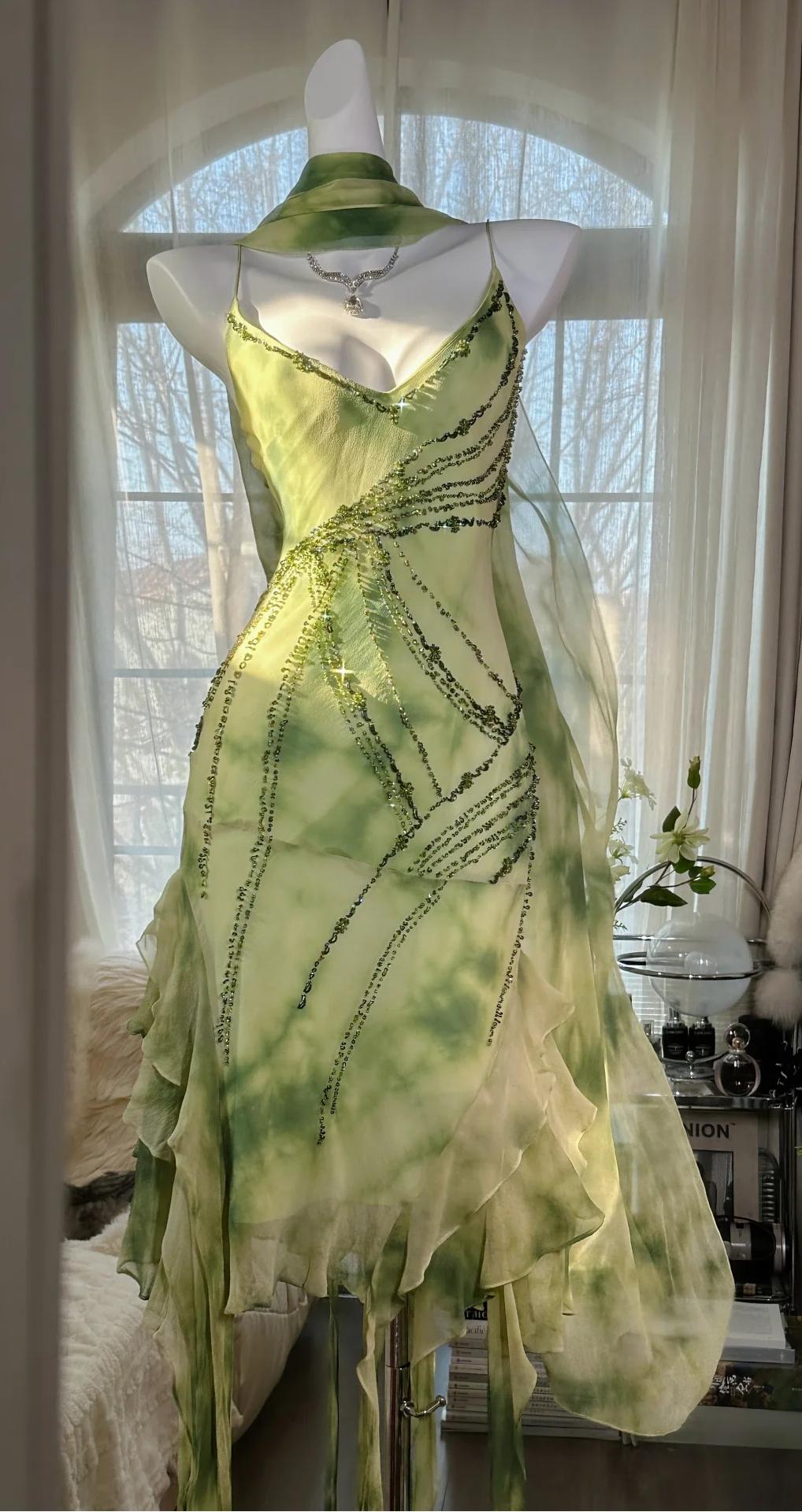 Gorgeous Green Spaghetti Straps Sheath Party Dresses Chiffon Beaded Short Y2K Prom Dresses HZ1108