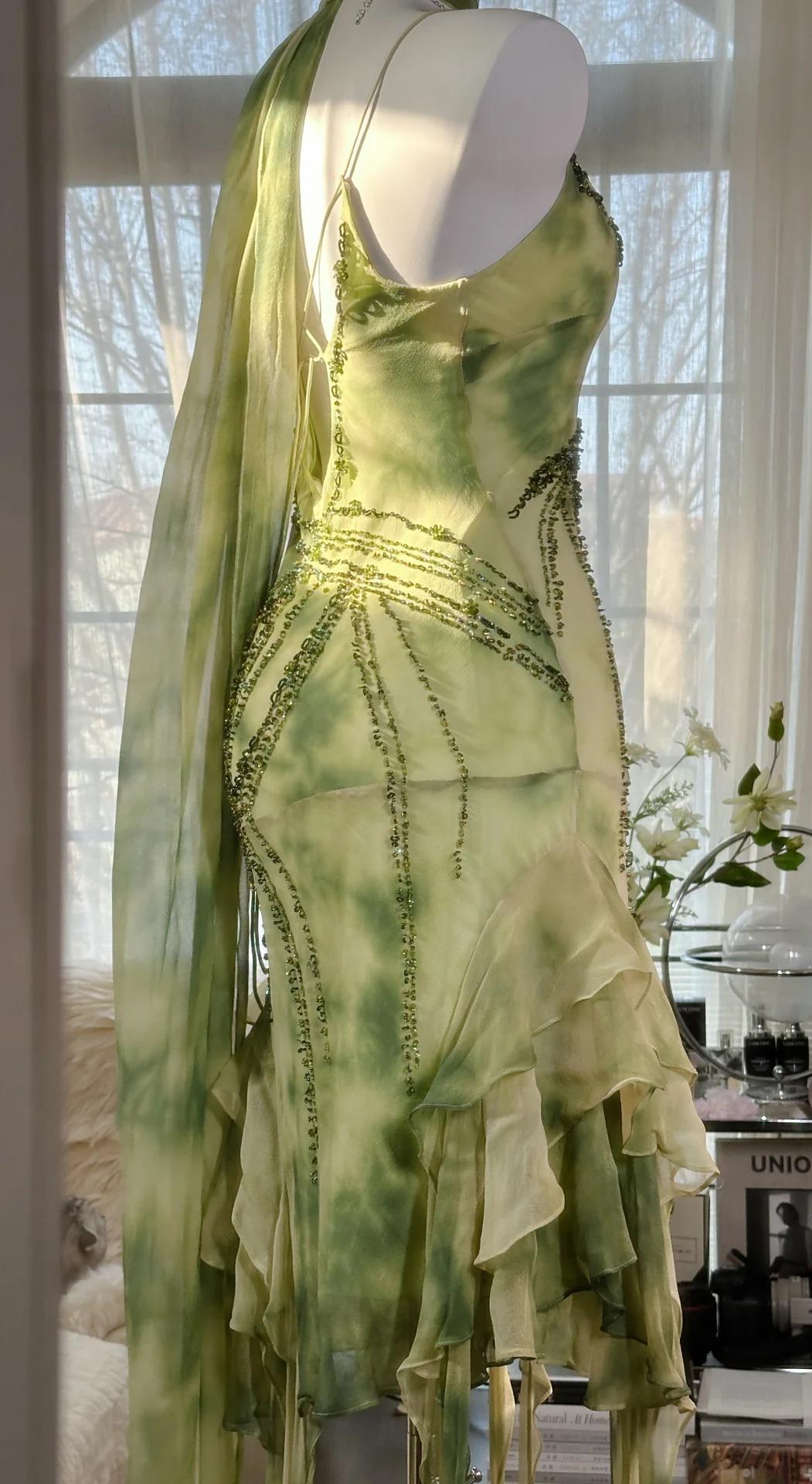 Gorgeous Green Spaghetti Straps Sheath Party Dresses Chiffon Beaded Short Y2K Prom Dresses HZ1108