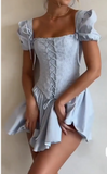 Sweet Sky Blue Square Neck Satin Corset A-Line Party Dresses Short Prom Dresses HZ1108