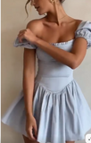 Sweet Sky Blue Square Neck Satin Corset A-Line Party Dresses Short Prom Dresses HZ1108