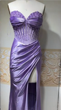Elegant Lilac Sweetheart Neck Mermaid Satin Beading Long Prom Dresses Formal Evening Gowns HZ1108