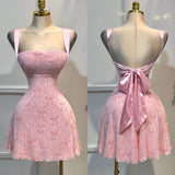Cute Pink A-Line Square Neck Homecoming Dress Chiffon Embroidered Bow Open Back Short Prom Dresses HZ1108