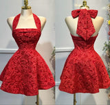 Gorgeous Red A-Line Halter Neck Homecoming Dress Jacquard Satin Open Back Short Prom HZ1108