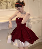 Gorgeous Red Velvet A-Line Strapless Homecoming Dress Tulle Two-Piece Short Prom Dresses with Bow HZ1108