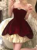 Gorgeous Red Velvet A-Line Strapless Homecoming Dress Tulle Two-Piece Short Prom Dresses with Bow HZ1108