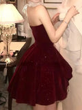 Gorgeous Red Velvet A-Line Strapless Homecoming Dress Tulle Two-Piece Short Prom Dresses with Bow HZ1108