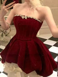 Gorgeous Red Velvet A-Line Strapless Homecoming Dress Tulle Two-Piece Short Prom Dresses with Bow HZ1108