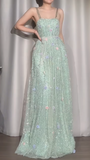 Fairytale Mint Green Straps A-Line Chiffon Beaded Long Prom Dresses with Appliques Sweet Birthday Evening Gowns HZ1108
