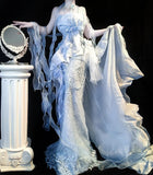 Fairy Grey Blue Mermaid Tulle Halter Embroidery Applique Long Prom Dresses HZ1108