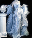 Fairy Grey Blue Mermaid Tulle Halter Embroidery Applique Long Prom Dresses HZ1108