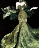 Stunning Forest Green Strapless Mermaid Prom Dresses Tulle Birthday Dress HZ1108