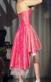 Vintage Hot Pink Strapless A-Line Homecoming Dress Sweet Chiffon Satin Sequin Hi-lo Short Prom Dresses HZ1108
