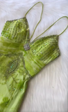 Gorgeous Bud Green V-neck Satin Beaded Applique Sheath Prom Dresses Vintage Backless Evening Gowns HZ1108