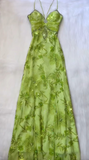 Gorgeous Bud Green V-neck Satin Beaded Applique Sheath Prom Dresses Vintage Backless Evening Gowns HZ1108
