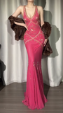 Elegant Hot Pink V-neck Mermaid Chiffon Beaded Applique Prom Dresses Vintage Backless Evening Gowns HZ1108