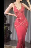 Elegant Hot Pink V-neck Mermaid Chiffon Beaded Applique Prom Dresses Vintage Backless Evening Gowns HZ1108