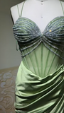 Elegant Sage Green Sweetheart Mermaid Satin Prom Dresses Formal Evening Gowns with Rhinestones HZ1108