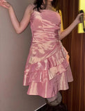 Sweet Vintage Outfits for Party Y2K Spaghetti Straps Sheath Chiffon Satin Short Prom Dresses HZ1108