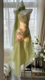 Fairytale Green Spaghetti Straps Vintage Party Dress Sheath Chiffon Beaded Short Prom Dresses HZ1108